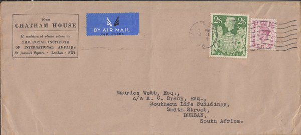 104033 1950 AIR MAIL LONDON TO SOUTH AFRICA WITH 2/6 YELLOW-GREEN (SG476b).