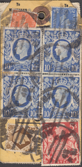 104067 - UNDATED PARCEL TAG KGVI 10S ULTRAMARINE (SG478b) X TEN!/5S RED (SG477).