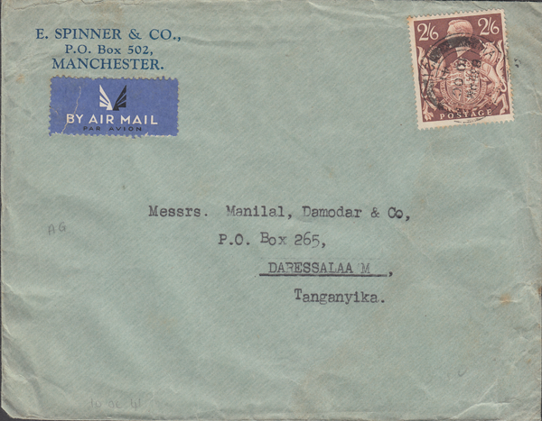 104077 - 1941 MAIL MANCHESTER TO TANGANYIKA/2/6 BROWN (SG476).