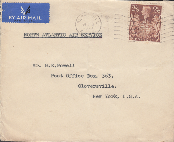 104080 - 1939 MAIL  HERNE HILL TO U.S.A./2/6 BROWN (SG476).