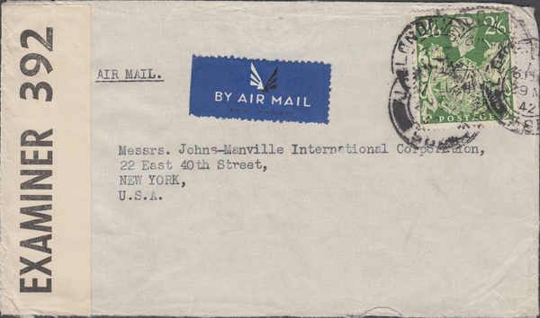 104095 - 1942 MAIL LONDON TO U.S.A./2/6 YELLOW-GREEN (SG476b).