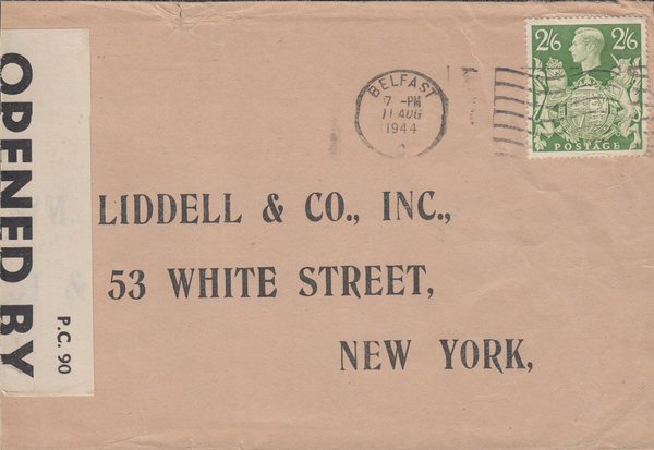 104097 - 1944 MAIL BELFAST TO U.S.A./2/6 YELLOW-GREEN (SG476b).