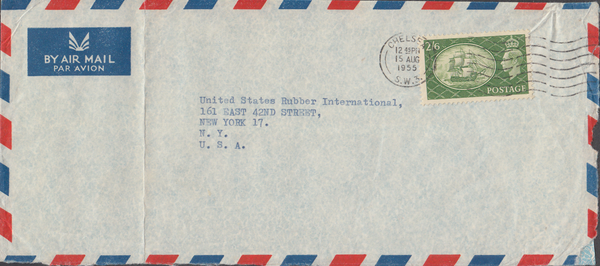 104109 1955 AIR MAIL CHELSEA, LONDON TO NEW YORK, USA WITH KGVI 2/6 YELLOW-GREEN (SG509).
