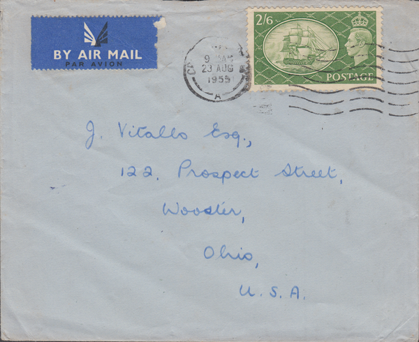 104110 - 1955 MAIL CROYDON TO U.S.A./2/6 YELLOW-GREEN (SG509).