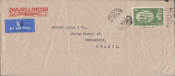 104117 1952 AIR MAIL GLASGOW TO PERNAMBUCO, BRAZIL WITH 2/6 YELLOW-GREEN (SG509).