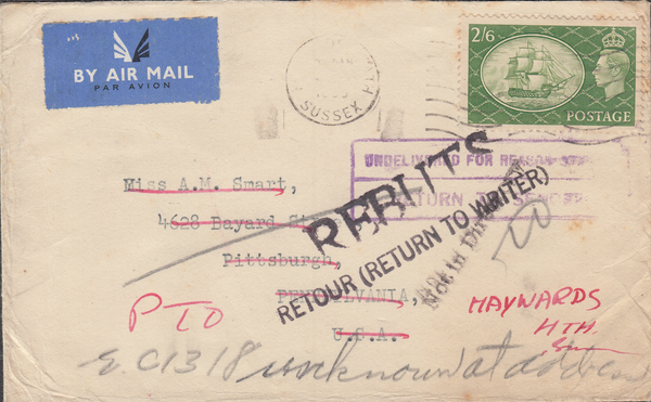 104119 - 1955 MAIL HAYWARDS HEATH TO U.S.A./UNDELIVERED/2/6 YELLOW-GREEN (SG509).