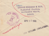 104119 - 1955 MAIL HAYWARDS HEATH TO U.S.A./UNDELIVERED/2/6 YELLOW-GREEN (SG509).