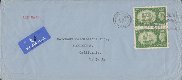 104120 1955 AIR MAIL KENSINGTON, LONDON TO CALIFORNIA USA WITH PAIR KGVI 2/6 YELLOW-GREEN (SG509).