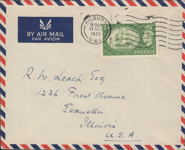 104130 - 1953 MAIL KILBURN TO U.S.A./2/6 YELLOW-GREEN (SG509).