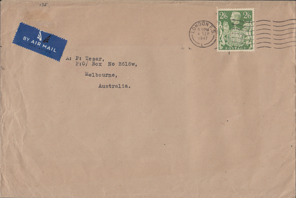 104141 1947 AIR MAIL LONDON TO AUSTRALIA WITH 2/6 YELLOW-GREEN (SG476b).