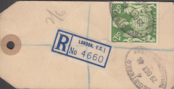 104157 - 1948 KGVI BANKERS PARCEL TAG/2/6 YELLOW-GREEN (SG476b).