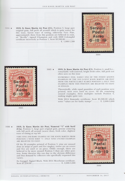 104175 - THE BARRY P. FLETCHER COLLECTION OF COLOMBIAN AIR POST ISSUES 1919-1923 BY ROBERT A. SIEGEL.