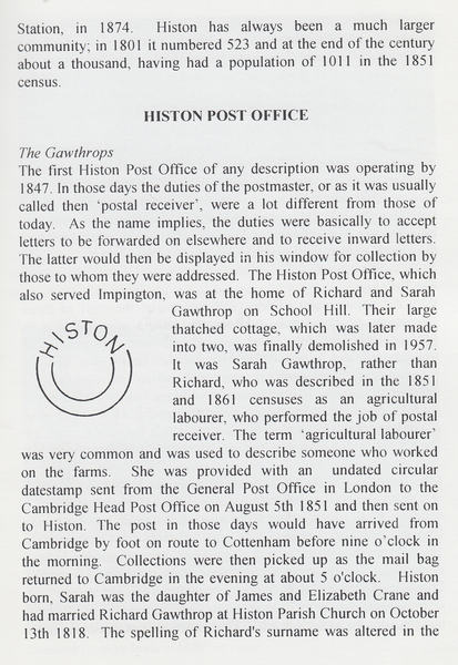 104259 - SENT BY MAIL - THE STORY OF HISTON AND IMPINGTON'S POST BY STEPHEN J. HARPER-SCOTT.