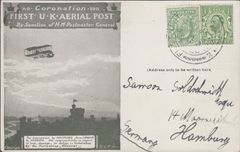 104373 - 1911 FIRST OFFICIAL U.K. AERIAL POST/LONDON POST CARD IN OLIVE-GREEN TO GERMANY/MIXED REIGN USAGE.