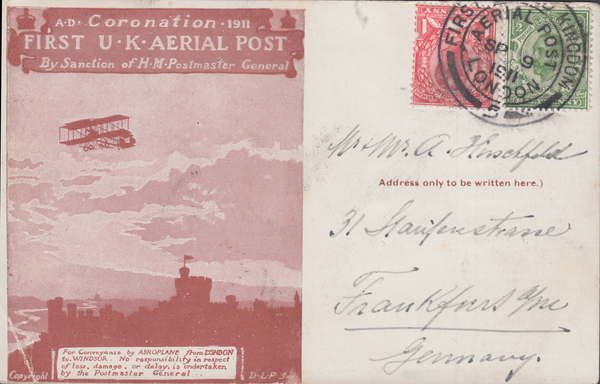 104374 - 1911 FIRST OFFICIAL U.K. AERIAL POST/LONDON POST CARD IN RED-BROWN TO GERMANY.