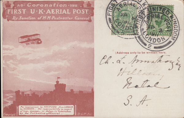 104386 - 1911 FIRST OFFICIAL U.K. AERIAL POST/LONDON POST CARD IN RED-BROWN TO SOUTH AFRICA.