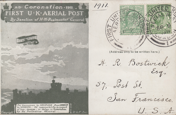 104393 - 1911 FIRST OFFICIAL U.K. AERIAL POST/LONDON POST CARD IN OLIVE-GREEN TO SAN FRANCISCO.