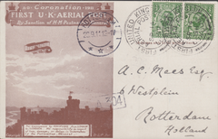 104416 - 1911 FIRST OFFICIAL U.K. AERIAL POST/LONDON POST CARD IN BROWN TO HOLLAND.