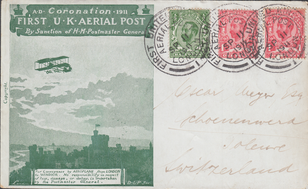 104433 - 1911 FIRST OFFICIAL U.K. AERIAL POST/LONDON ENVELOPE IN BRIGHT GREEN TO SWITZERLAND.