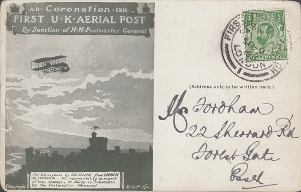 104446 - 1911 FIRST OFFICIAL U.K. AERIAL POST/USED LONDON POST CARD IN OLIVE-GREEN.