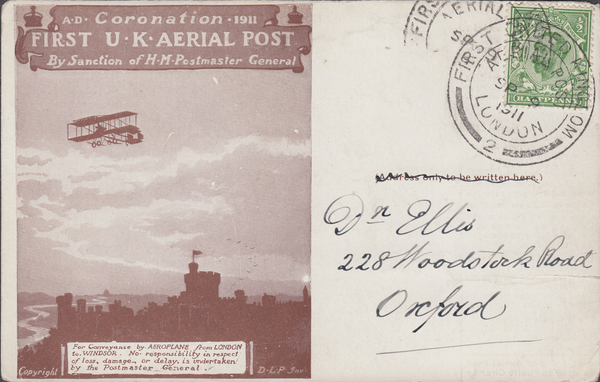 104455 - 1911 FIRST OFFICIAL U.K. AERIAL POST/USED LONDON POST CARD IN BROWN.