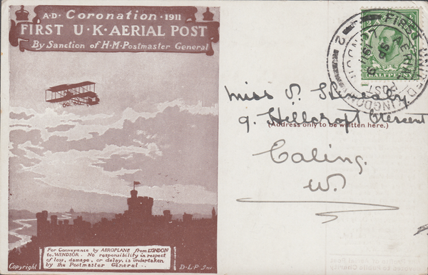 104457 - 1911 FIRST OFFICIAL U.K. AERIAL POST/USED LONDON POST CARD IN BROWN.