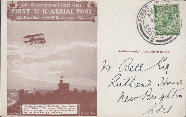 104459 - 1911 FIRST OFFICIAL U.K. AERIAL POST/USED LONDON POST CARD IN BROWN/SCHWEPPES ADVERT.