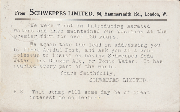 104459 - 1911 FIRST OFFICIAL U.K. AERIAL POST/USED LONDON POST CARD IN BROWN/SCHWEPPES ADVERT.
