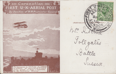 104460 - 1911 FIRST OFFICIAL U.K. AERIAL POST/USED LONDON POST CARD "REPRINT" IN BROWN.