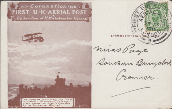 104464 - 1911 FIRST OFFICIAL U.K. AERIAL POST/USED LONDON POST CARD "REPRINT" IN BROWN.