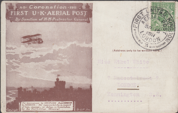 104471 - 1911 FIRST OFFICIAL U.K. AERIAL POST/USED LONDON POST CARD IN BROWN.