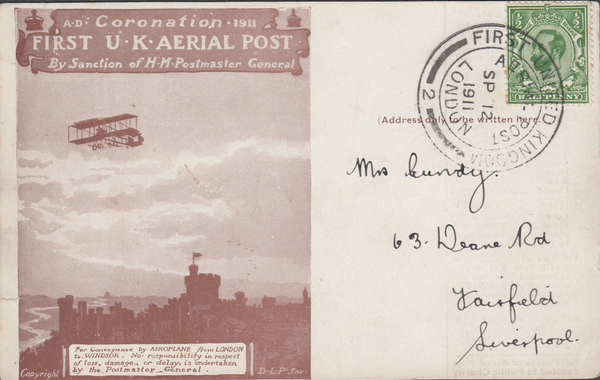 104472 - 1911 FIRST OFFICIAL U.K. AERIAL POST/USED LONDON POST CARD "REPRINT" IN BROWN.