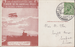 104477 - 1911 FIRST OFFICIAL U.K. AERIAL POST/USED LONDON POST CARD IN RED-BROWN.