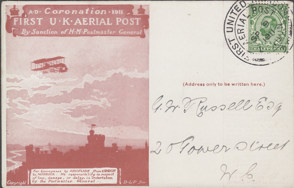 104480 - 1911 FIRST OFFICIAL U.K. AERIAL POST/USED LONDON POST CARD IN RED-BROWN.