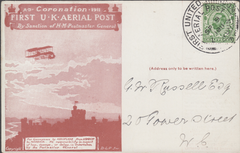 104480 - 1911 FIRST OFFICIAL U.K. AERIAL POST/USED LONDON POST CARD IN RED-BROWN.