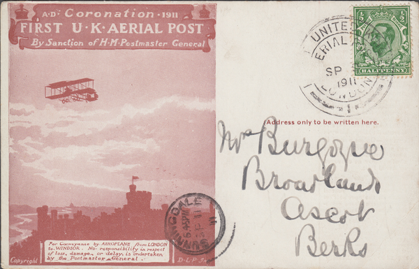 104482 - 1911 FIRST OFFICIAL U.K. AERIAL POST/USED LONDON POST CARD IN RED-BROWN.