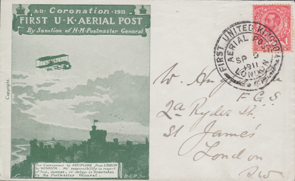 104500 - 1911 FIRST OFFICIAL U.K. AERIAL POST/USED LONDON ENVELOPE IN BRIGHT GREEN.