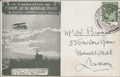 104508 - 1911 FIRST OFFICIAL U.K. AERIAL POST/USED LONDON POST CARD IN OLIVE-GREEN CANCELLED DIE 5.