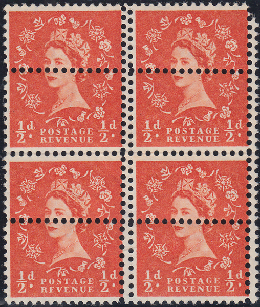 104639 - 1958 ½D WILDING (SG570) SUPERB DOUBLE STRIKE OF PERFORATION COMB.