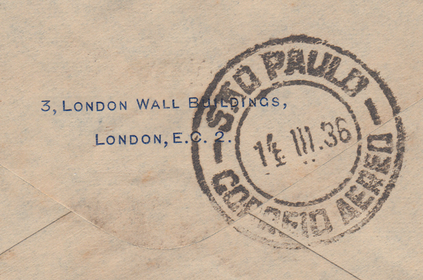 104774 - 1936 MAIL LONDON TO BRAZIL/5S SEAHORSE (SG451).