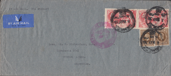 104797 - 1939 MAIL LONDON TO ARGENTINE 5S SEAHORSE (SG451) X2.