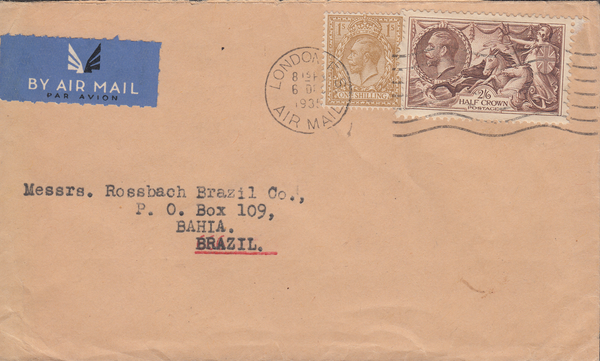 104828 - 1935 MAIL LONDON TO BRAZIL 2/6d SEAHORSE (SG450).