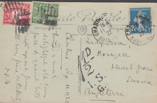 104985 - 1927 UNDERPAID MAIL FRANCE TO SUSSEX WITH KGV 1/2d (SG351) USED INSTEAD OF POSTAGE DUE.