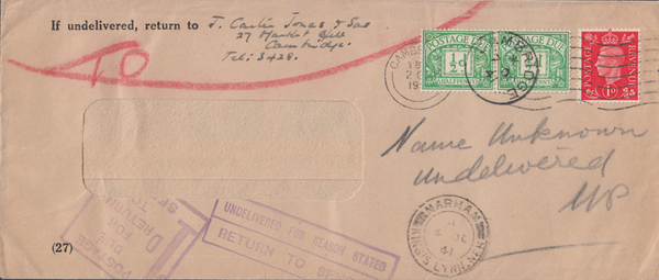 104986 - 1941 UNDERPAID MAIL USED CAMBRIDGE TO KING'S LYNN.