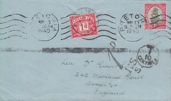 104994 - 1940 UNDERPAID MAIL PRETORIA TO ENGLAND.