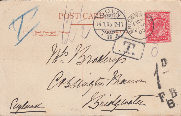 105125 - 1905 UNPAID MAIL COLOGNE TO BRIDGWATER.