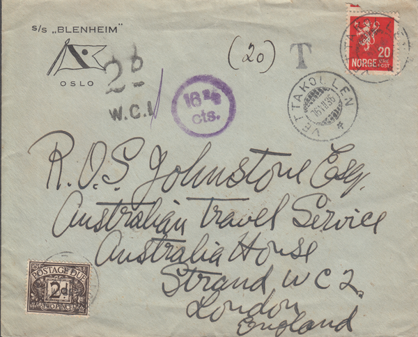 105146 - 1936 UNDERPAID MAIL NORWAY TO LONDON.