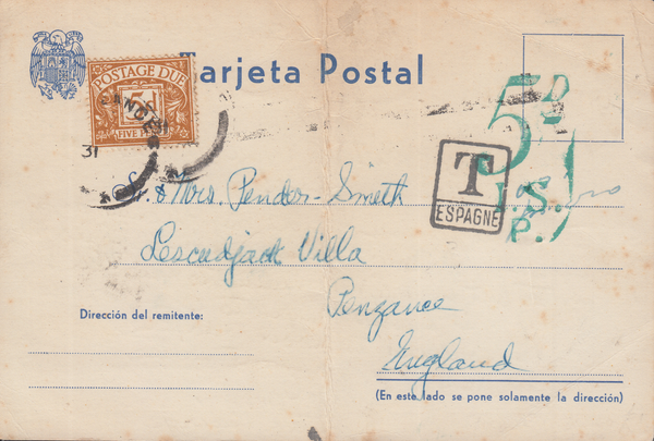 105230 - 1956 UNPAID MAIL MALAGA, SPAIN TO PENZANCE.