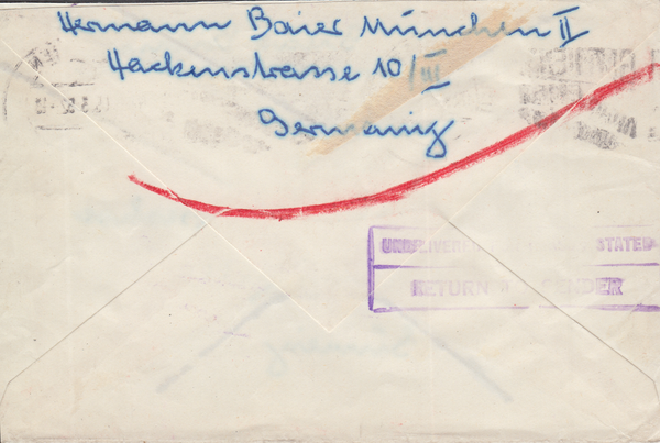 105242 - 1952 UNDELIVERED MAIL GERMANY TO SURREY.