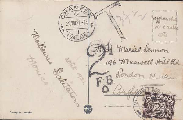 105270 - 1921 UNDERPAID MAIL SWITZERLAND TO LONDON.